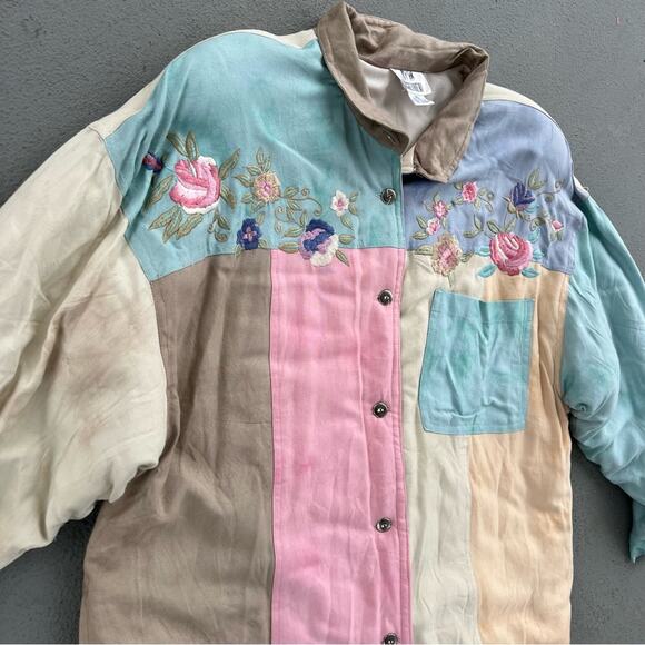 80s 90s pastel tie dye watercolor color block quilted jacket floral embroidery - Picture 4 of 7
